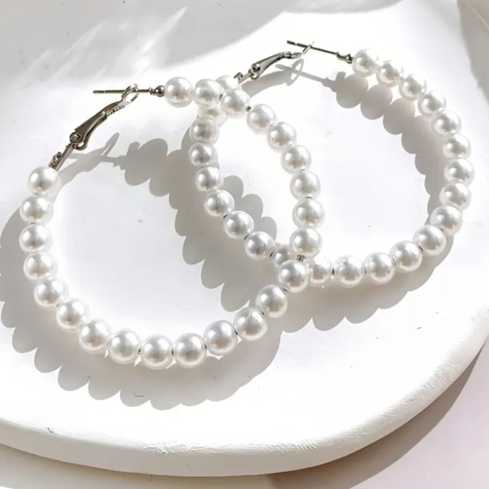 NEW! Classy & Elegant White Pearl Large Silver Plated Hoop Earrings